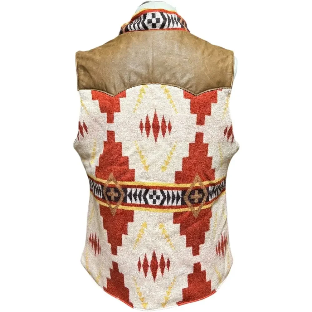 Orvis Leather Wool Aztec Southwestern Print Vest Large